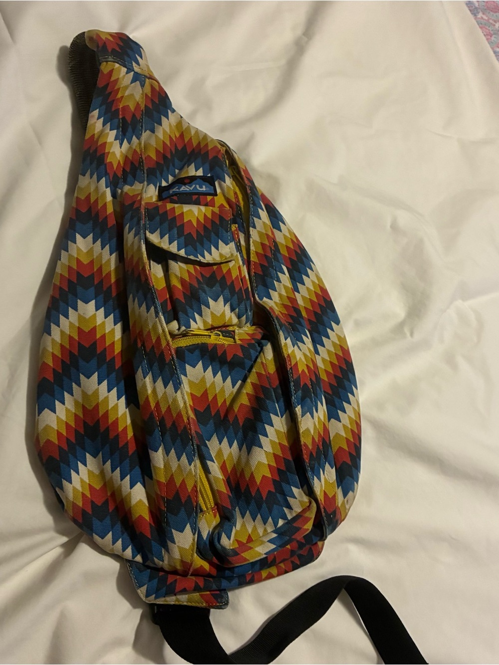 Kavu Chevron Sling Bag in Red, Blue, Yellow and Cream